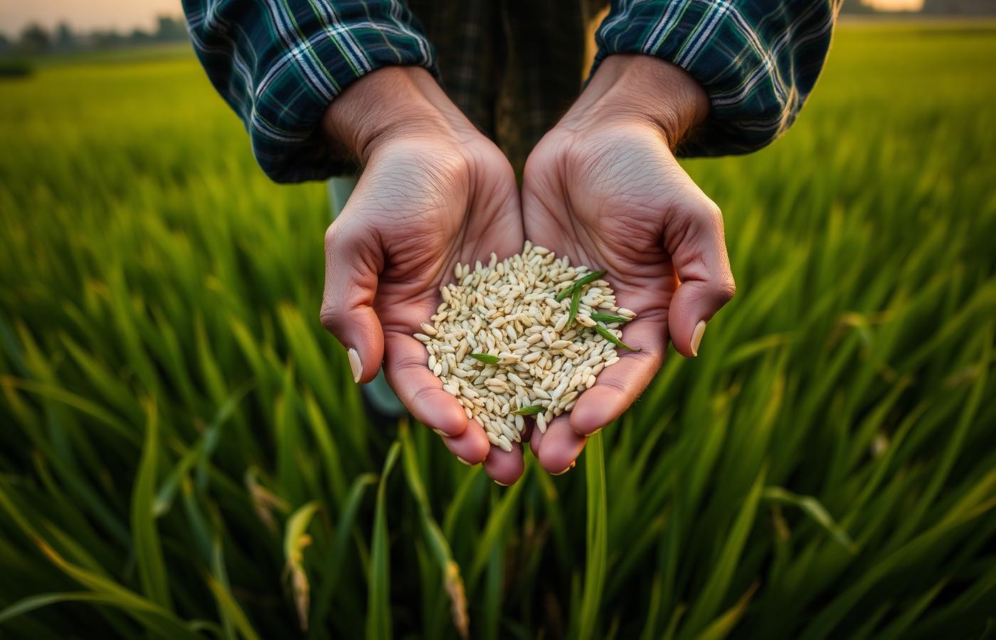Hands holding rice grains in a paddy field