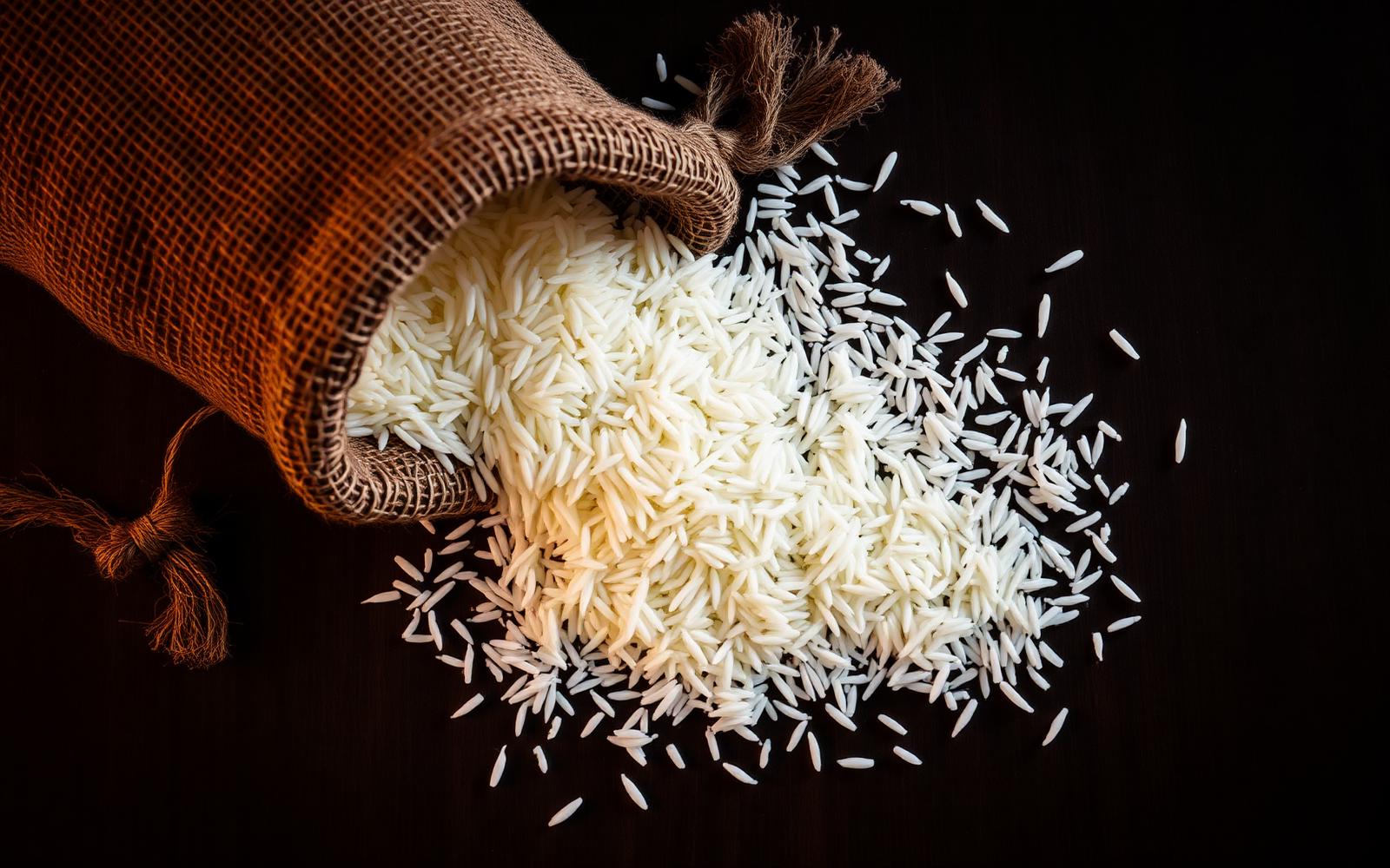 Premium basmati rice spilling from a burlap sack